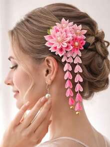 1 pièce Pince à cheveux style japonais avec pompon et fleur, accessoires de cheveux kimono vintage, épingles à cheveux florales en tissu faites à la main avec clochettes pour femmes et filles, ornements de cheveux japonais traditionnels pour cosplay, fête, port quotidien, voyage, anniversaire - Multicolore - Voir 13