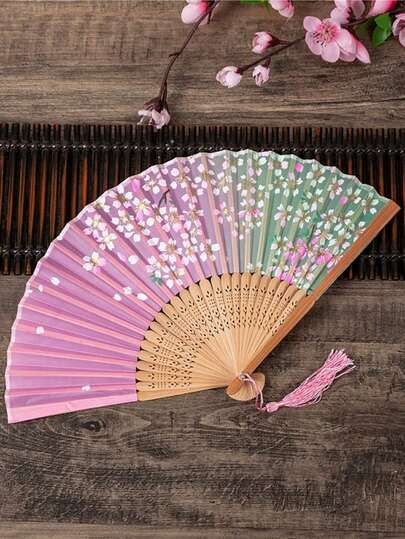 Foldable Hand Fan For Women - Folding Chinese Retro Bamboo Silk Fan - Suitable For Hot Weather, Church, EDM, Festivals, Dancing And Gifts (Cherry Blossom - Pink)