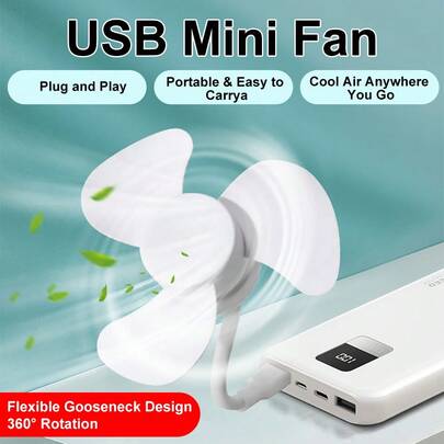 USB Mini Fan, Three-Bladed Flexible Swivel-Type Personal Fan, Suitable For Laptops, Personal Computers, Mobile Power Banks, Desktops, Offices, Bedrooms. Plug-In Type Small Fan (White)