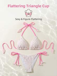 Women's Cute Halter Bikini Set, Pink Heart Pattern, Angel Wing Decor, Sexy 2-Piece Swimsuit, Medium Stretch Fabric White Summer - White - View 6