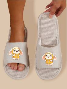 Spring & Autumn Household Linen Slippers, Solid Color Cute Fabric Animal Open-Toe Slippers, Non-Slip Breathable Unisex Slipper - Apricot - View 3