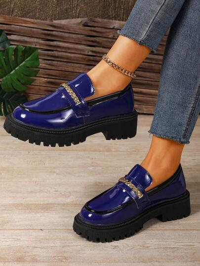 Giày lười nữ mũi tròn gót chunky trang trí dây xích, giày lười đế dày đa năng, giày da nhỏ tăng chiều cao, giày bệt công sở thường ngày.