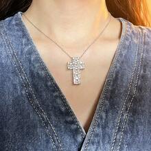 1 pieza Collar con colgante de diseño de cruz de lujo de plata S925 con piedra de circonita brillante, joyería elegante para uso diario, regalo de calidad para un ser querido - Plateado - Ver 4