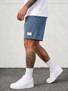 Men's Retro Corduroy Drawstring Shorts, Men's Loose Applique Knee-Length Shorts, Casual High Street Knee-Length Shorts - Navy Blue - View 3