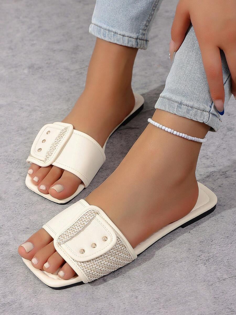 Women's Square Toe Adjustable Rivet Buckle Light Blue Casual Slip-On Sandals - Apricot - View 1