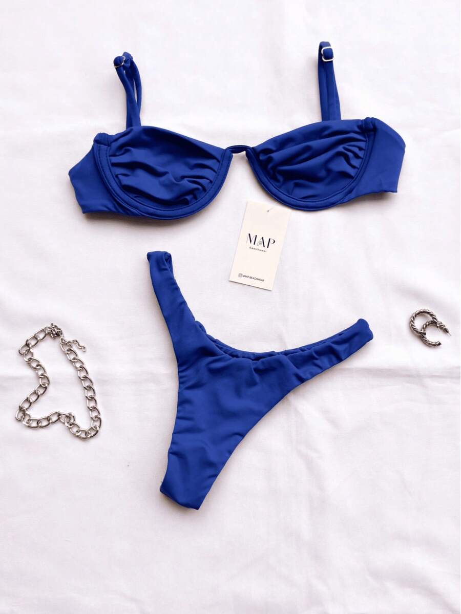 Underwire Bikini With Half-Cup Bra And Thong Bottom With Adjustable Straps. - Blue Hoop (hang Glider) - View 1