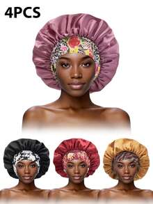4pcs Women's Silk Sleep Cap, Elastic Wide-Banded Printed Soft Silk Sleep Hat Suitable For Curly Hair (Random Printed Pattern) - Multicolor 4pcs - View 5