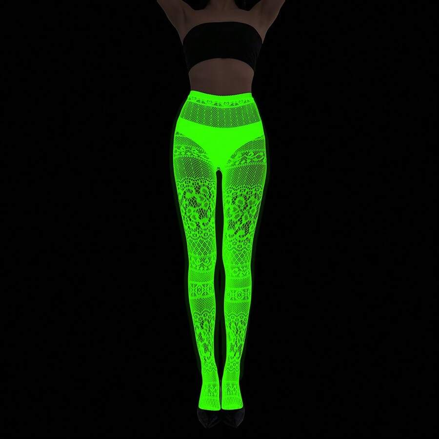 Fluorescent Pantyhose, Luminous Fishnet Stockings, Green Light Sexy Tattoo Lace, Jacquard Lace Hollow Stockings - 螢光色07 - 查看 1