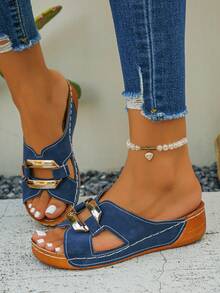 Sandal nữ size lớn 36-45 thời trang mùa hè, hở ngón, mũi tròn, đế dày, phong cách casual, đi hàng ngày và dã ngoại, màu xanh siêu mờ đổi màu, kiểu La Mã Bohemian, nhẹ, thoải mái, đa năng, sandal đế xuồng dày tối giản cho nữ, giày mùa hè làm quà tặng mẹ - Sơn giả màu xanh lam mờ đổi màu - Xem 6