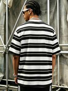 Camiseta holgada de hombre con rayas gruesas en blanco y negro, estilo minimalista de ropa urbana - Blanco y Negro - Ver 4