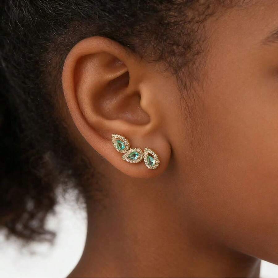 1 par de pendientes de botón con forma de lágrima con micro-incrustación de cobre y circonita cúbica con incrustación de lágrima verde, adecuado para uso diario de mujeres - Dorado - Ver 1