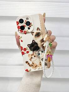 可爱猫咪花卉图案米色彩绘防震手机壳，带腕带，兼容 17/17Pro/17ProMax/16/11/16Pro/16Plus/16ProMax/16E/15ProMax/13/14/12/XS/XR/7G/8P、Galaxy S26/S26Plus/S26 Ultra、S25/S25Plus/S25 Ultra/A16/A36/A26/A56/A50/A12/A32/A52/A72/A51/A21S/A13/A14/S24/S24Plus/S24Ultra/S20/S23/S22/A53/S20FE/S21 - 彩色 - 查看 6