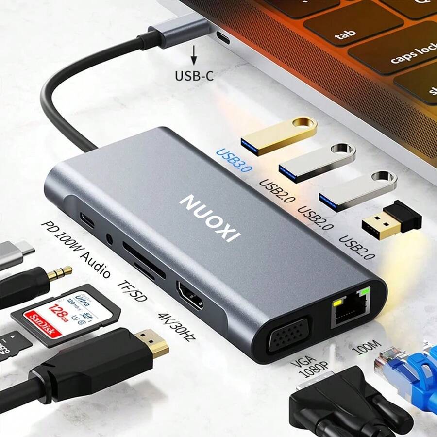NUO XI NUOXI USB-C 集线器，Type-C 转 RJ45，4K 30Hz 高清电视 VGA 适配器，SD/TF 卡槽，USB 3.0/2.0 扩展坞，PD 87W USB-C 分线器，兼容 MacBook Pro/Air