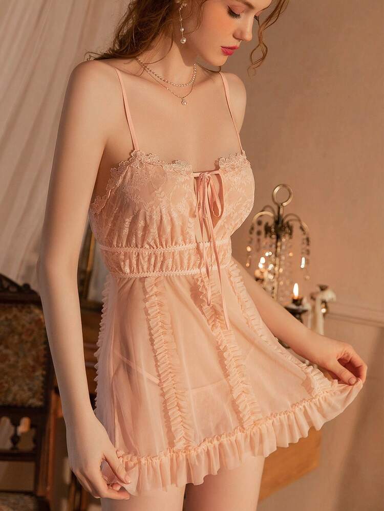 2pcs New Jacquard Lace Patchwork Sheer Floral Sexy Lingerie Set With Front Tie Camisole And Panty - Pink - View 2