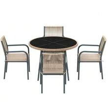 Modern Rattan Garden Furniture Set, Round Glass Table + 4 Armchairs, Iron Frame, Suitable For Terrace/Balcony/Deck - Grey - View 5