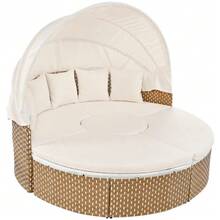 Garden Lounge Chair Set, Sun Island, Rattan Garden Table And Chair Set, Shell Garden Lounge Chair Bed, Extendable Canopy, Liftable Tabletop, Beige, Including All Cushions And Seat Cushions - A - View 5