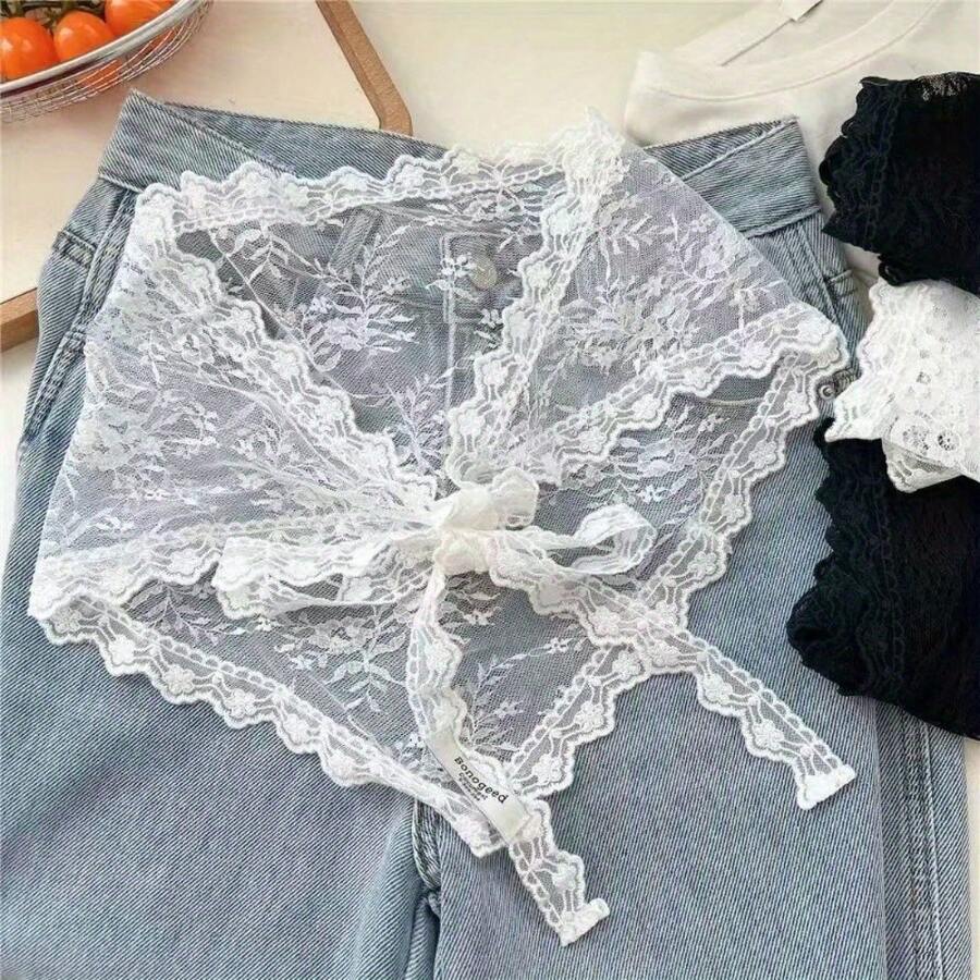 Vintage White Lace Mesh Triangle Headscarf, Wedding Belt Layered With Clothing, Spring And Summer Apron Accessory, Hippie Cute, Bohemian, Holiday, Party, Wedding, Halloween, Christmas Gift, Thanksgiving, New Year's Gift, Valentine's Day Gift, St. Patrick's Day, Mother's Day, Back-To-School Season, Easter, Winter , Autumn And Winter - 白色網紗一件 - 查看 1