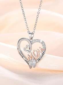 1pc Elegant Cubic Zirconia Heart Shaped Pendant Necklace, Suitable For Women, Great For Mother's Day Gift, Anniversary Party Jewelry - 1# - View 3