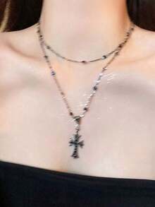 European & American Style Cross Pendant Choker Necklace, Edgy & Sweet Goth Chic Multi-Layer Tassel Long Necklace, Sweater Chain For Women - 彩色 - 查看 6