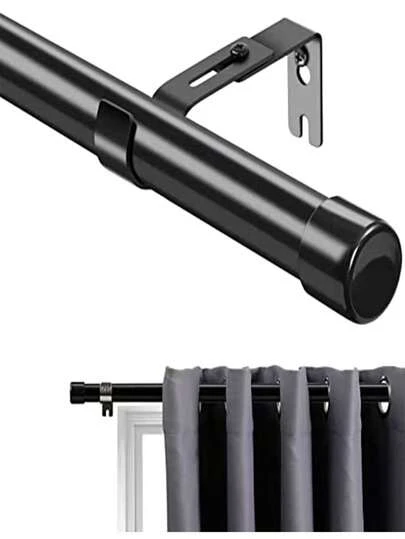 1 pieza Barra de cortina de metal negro de acero inoxidable con soportes, adecuada para el hogar, dormitorio, comedor, cocina, estudio, fácil de ensamblar, terminales decorativos redondos clásicos, barra de cortina resistente para ventanas