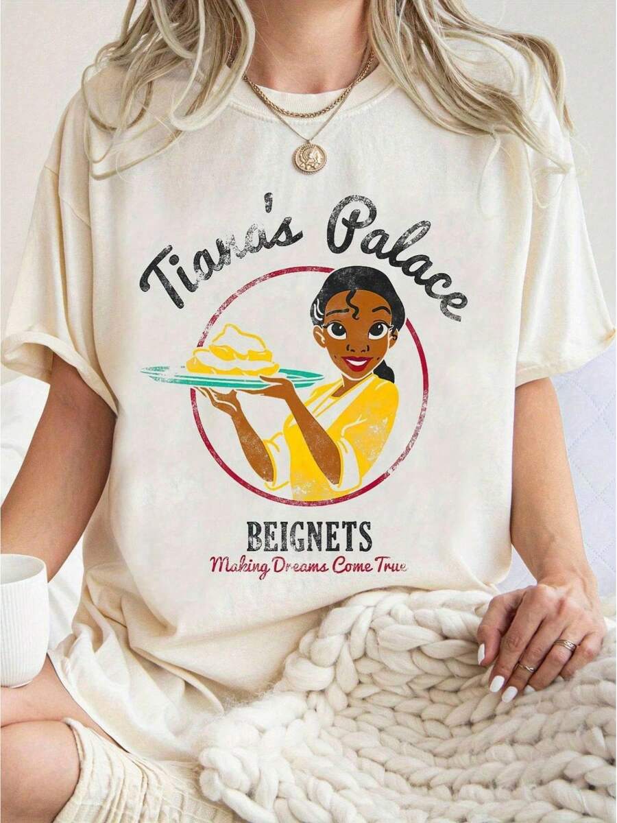 Coton Femme 2026 Tiana Palace T-Shirt - Frog Prince And Princess T-Shirt, Fun In The Magic Kingdom, Family Travel, Unisex Loose Fit T-Shirt - Casual Short Sleeve Crew Neck T-Shirt, Summer Tops For Women - trắng - Xem 1