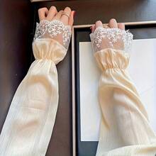 New Lace Embroidered Ice Sleeves For Women, Summer Driving Gloves, Loose-Fitting Arm Sleeves For Cycling - 淺米色 - 查看 4