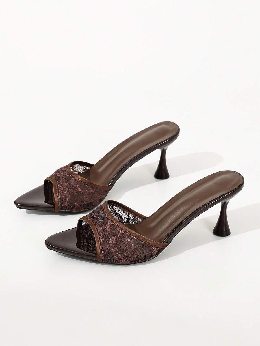 Women's Mesh Fabric Breathable Open Toe High Heel Sandals, Versatile Brown Minimalist Pointed Toe Stiletto Slide Sandals, New Summer Style