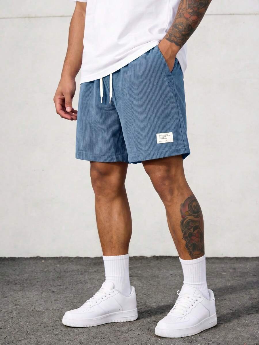 Men's Retro Corduroy Drawstring Shorts, Men's Loose Applique Knee-Length Shorts, Casual High Street Knee-Length Shorts - Navy Blue - View 1