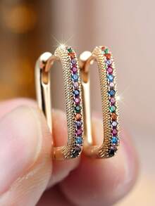 1 Pair Of Multi-Color Cubic Zirconia Inlaid Minimalist Design Champagne Gold Plated Women's Hoop Earrings - Luxury Mother's Day Holiday Gift, Suitable For Party Wear, Daily Wear And Gifting, All Seasons - Multicolor - View 6