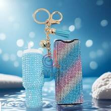2 Pieces/Set Of Defense Keychains,Bling Self Defense Keychain, Sparkling Rhinestones Mini Tumbler Keychain Lip Balm Holder Key Ring, Stylish & Functional Accessories - Multicolor - View 9