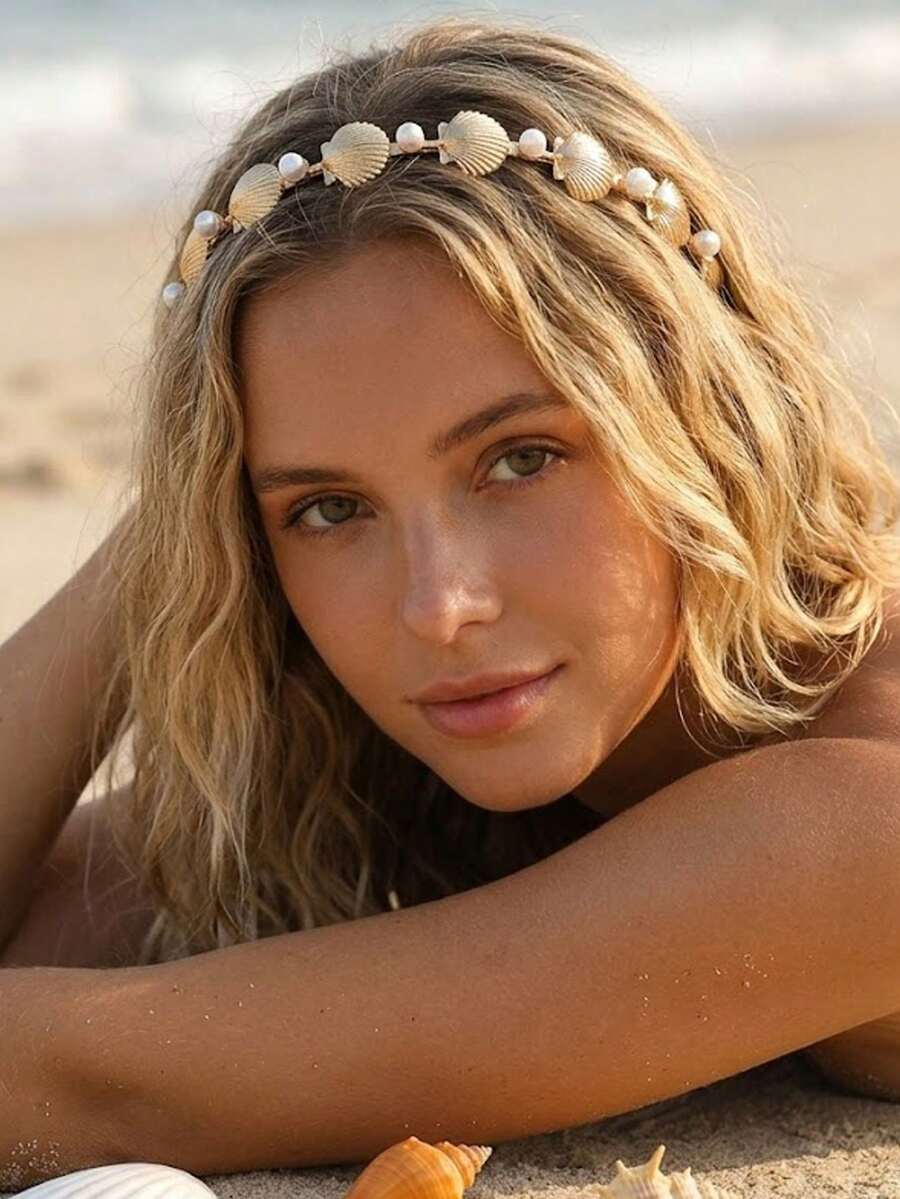 Women Gold Seashell Pearl Headband, Ocean Beach Mermaid Hairband, Nautical Theme Metal Hair Hoop Accessory For Summer Vacation Party Cosplay - Multicolor - View 1