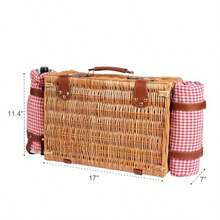 Juego de cesta de picnic de mimbre para 4 personas con compartimento refrigerador y manta impermeable de picnic correa extraíble bolsa de vino juego de cubiertos para camping viajes de día playa - Rojo - Ver 8