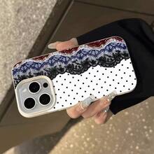1pc White Base Small Polka Dot Black Blue Red Lace Pattern Full Coverage TPU Shockproof Phone Case Compatible With Apple 16 15 14 13 12 11 Pro Max, Compatible With Samsung Series - Multicolor - View 3