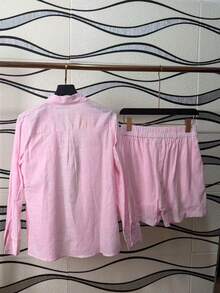Linen Shirt And Shorts Set (2 Pieces) - Light Pink With Pockets - View 4
