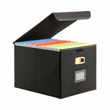 Luminpool Portable File Organiser Box With Lid, Foldable Filing Storage Boxes With Plastic Slide, Decorative Home/Office Filing System For File And Folders Storage (Black) - Black - View 10