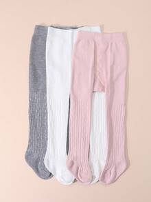 3 Pairs Baby Girls' Solid Color Cable Knit Tight Elastic Leggings, Soft And Comfortable For 0-3 Years Old - Multicolor - View 6
