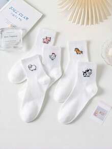 5 pares de calcetines de tripulación transpirables y que absorben la humedad con diseños de animales de dibujos animados (cerdo, oveja, pollo, vaca) en colores aleatorios - Multicolor - Ver 4