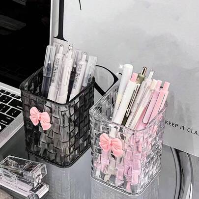 Acrylic Desktop Pen Holder – Transparent Pencil Organizer, Makeup Brush Cup – With Bow Accent – ​​Back-To-School Accessory, Teacher's Day Gift (Clear)