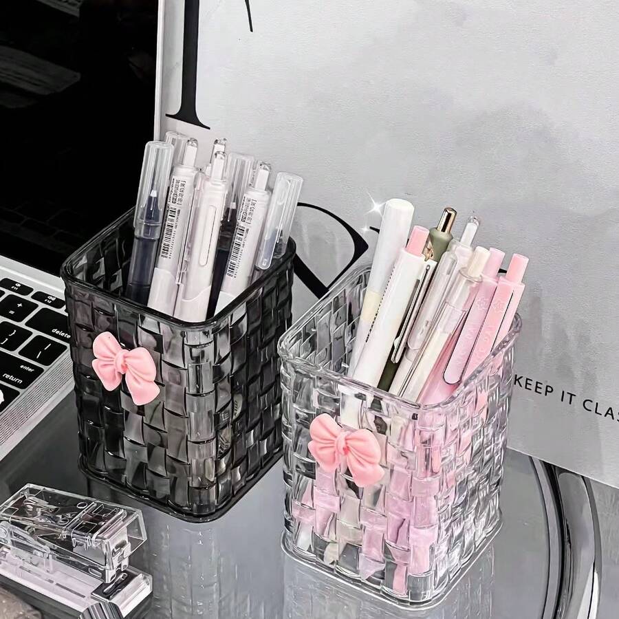 Acrylic Desktop Pen Holder - Transparent Pen Holder Storage Box, Makeup Brush Cup - With Bow Decor - Back To School Accessory, Teacher's Day Gift (Transparent) - Multicolor - View 1