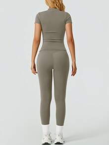 NcmRyu Women's Solid Color Minimalist Short Sleeve & Pants Sports Suit Set Summer - Grey - View 5