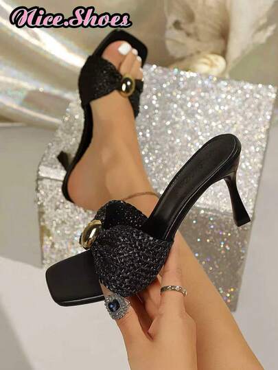 夏季新款方头扭纹编织金属装饰休闲、工作、通勤复古优雅米色、白色、黑色拖鞋