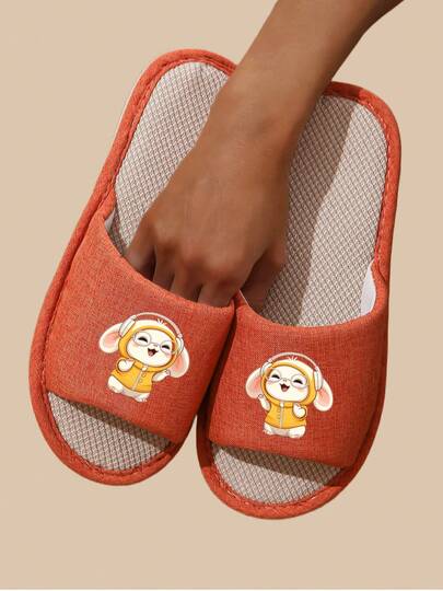 Spring & Autumn Household Linen Slippers, Solid Color Cute Fabric Animal Open-Toe Slippers, Non-Slip Breathable Unisex Slipper