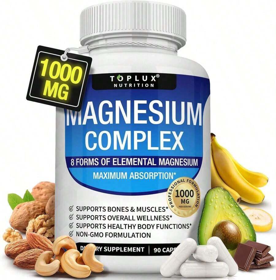 [Mother's Day Gift For Mom]Magnesium Complex Supplement 8 Elemental 1000mg - Magnesium Glycinate, Citrate, Malate, Taurate, Chelated For Easy Absorption For Bones, Muscle, Recovery, Energy, Vegan Non-GMO 90 Capsules - 1 - Xem 1