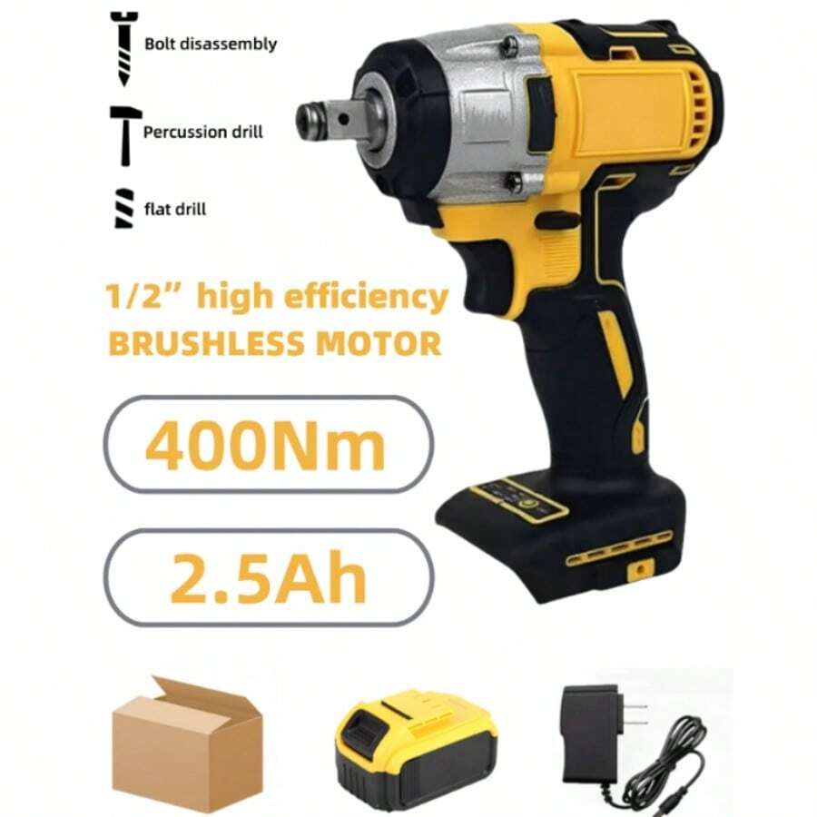 Llave de impacto, motor sin escobillas de impacto de 20 V, pistola de impacto eléctrica de 1/2 pulgada, llave de impacto sin escobillas de alto torque con batería de 3.0 Ah, cargador rápido - Amarillo - Ver 1