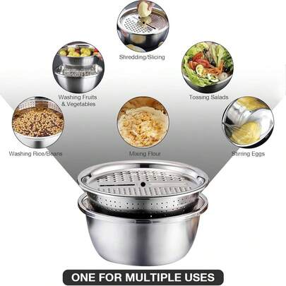 Bộ dụng cụ nhà bếp 3 món bằng thép không gỉ bao gồm máy xay, rây đa năng và tô trộn - dùng để rửa, thái trái cây, rau củ và phô mai, hệ thống thoát nước đảm bảo an toàn thực phẩm, máy xay nhà bếp thiết yếu cho việc nấu nướng tại nhà.