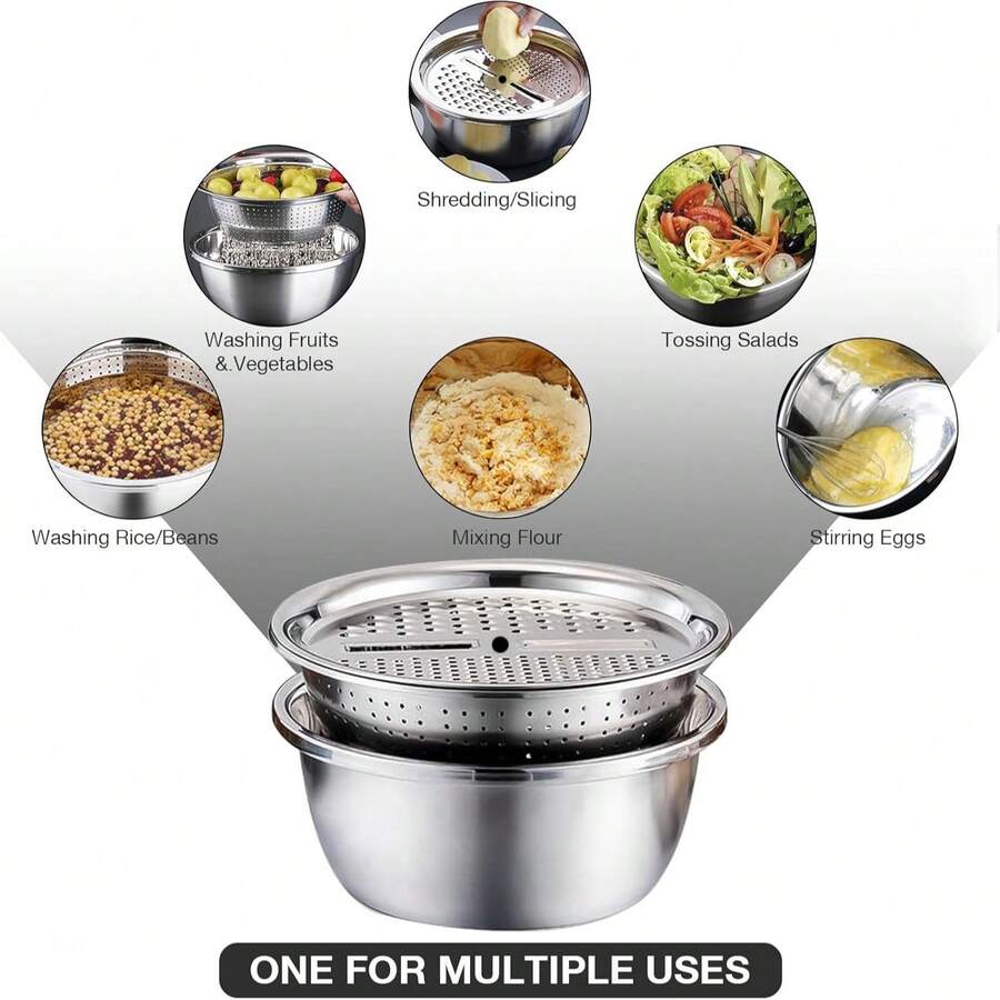 Bộ dụng cụ nhà bếp 3 món bằng thép không gỉ bao gồm máy xay, rây đa năng và tô trộn - dùng để rửa, thái trái cây, rau củ và phô mai, hệ thống thoát nước đảm bảo an toàn thực phẩm, máy xay nhà bếp thiết yếu cho việc nấu nướng tại nhà.