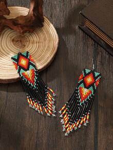 Bông tai đính cườm thủ công, phong cách Bohemian, hàng mới về mùa Xuân/Hè, bông tai tua rua phối màu tương phản với họa tiết hình học bất đối xứng, gam màu retro, đa năng cho hàng ngày, kỳ nghỉ, tiệc tùng, phụ kiện thời trang nữ, món quà lý tưởng cho các dịp lễ, Lễ Tạ ơn, Ngày Valentine, Ngày của Mẹ, tình bạn. - Hoa tai tua rua màu đen - Xem 3