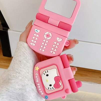 SANRIO (Authorized) 1 Cute And Creative Silicone Protective Case For Cats, With Makeup Mirror, Suitable Compatible With Apple Wireless Earphones, Compatible With Airpods 1/2/3/4/Pro/Pro2 (Nd)/Pro3 (Rd)