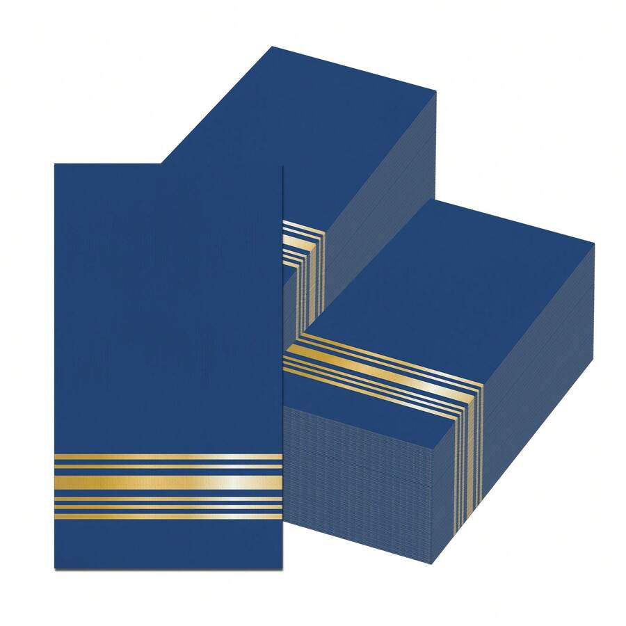 20 Stücke/40 Stücke/60 Stücke, rechteckige marineblau mit goldenem Streifen Einweg-Cocktail-Dinner-Papierservietten, 2-lagig elegante Gästehandtücher für Hochzeit, Bridal-Shower, Geburtstagsparty Tischzubehör, blaue Papiertaschentücher Einweg Premium-Qualität - Blau - Übersicht 1