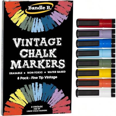 Bandle B. Chalk Markers - 8 Vintage Fine Tip, Erasable, Based, Reversible Tips, Kids And Grown-Ups Glass Or Chalkboard Markers Businesses, Restaurants (Vintage/Pastel 1mm)